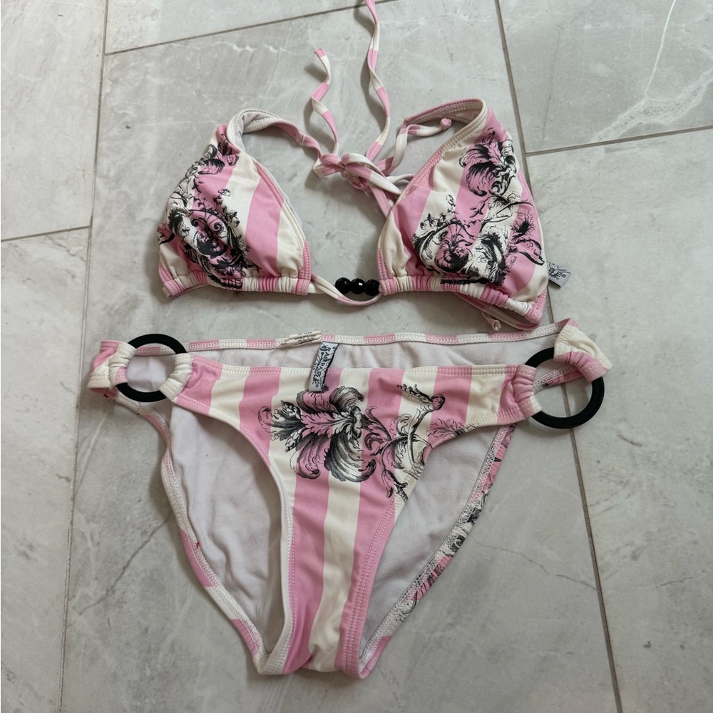 Pink and White Striped Bikini with Floral Design